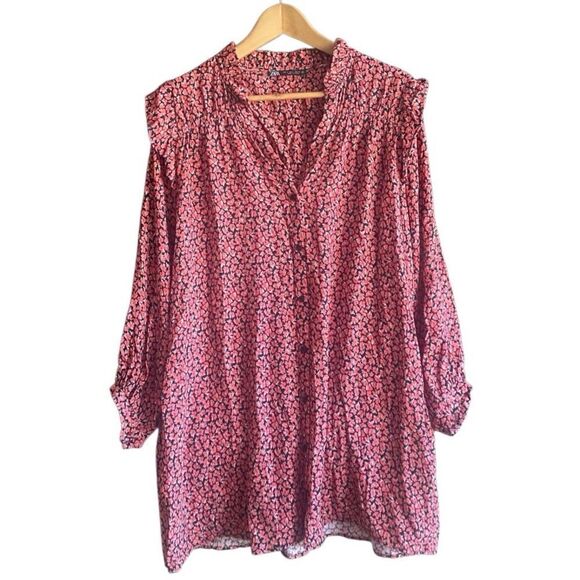 ZARA Red/Black Floral Print Button Down Mini Dress. Size Large. - Picture 2 of 10